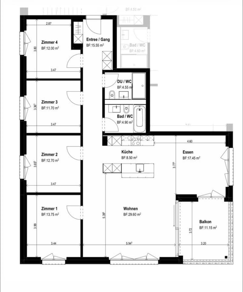 Floor plan of a residential unit featuring four bedrooms, two bathrooms, a kitchen, a living area, a dining area, and a balcony.