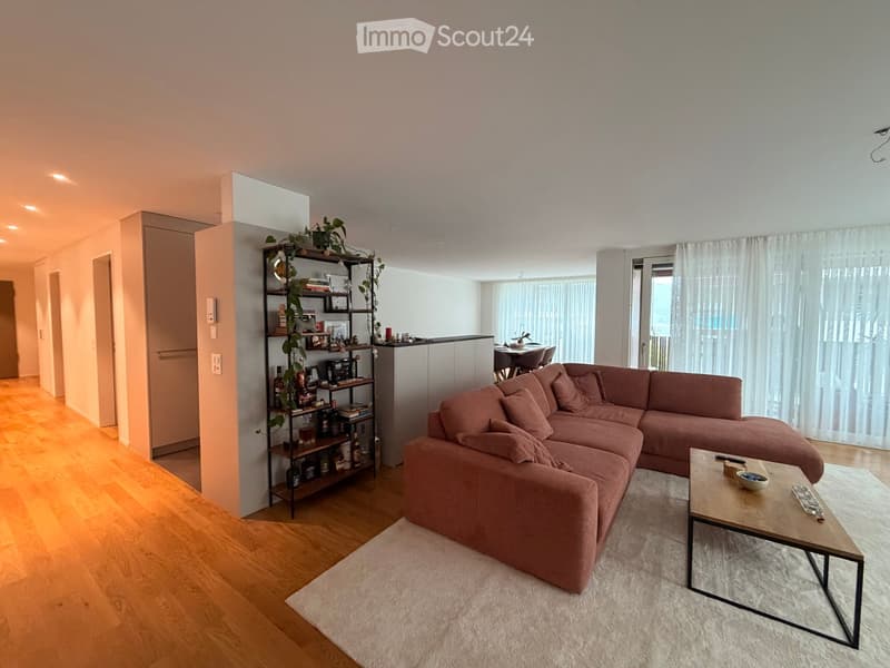Modern living room with a pink sectional sofa, coffee table, bookshelf, dining area, and large windows with curtains.