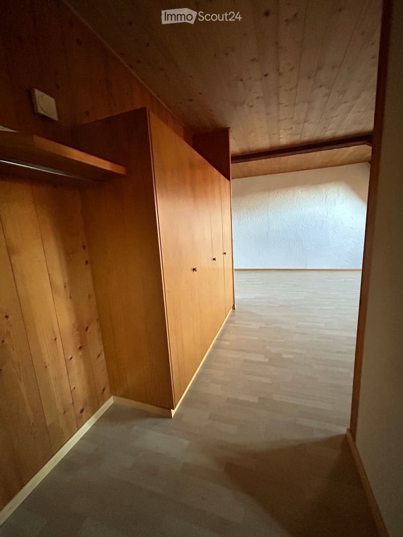 Empty attic space with wooden walls, carpeted floor, and built-in wooden closet with shelves.
