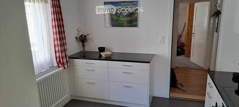 Modern kitchen with white cabinets, black countertop, and a vase with dried flowers on the counter. A picture frame hangs on the wall, and a radiator is visible near the window.