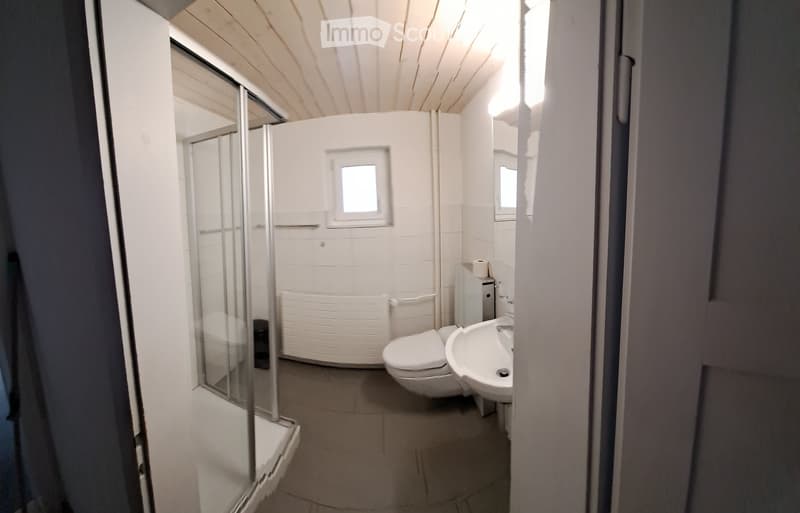 Compact bathroom with white tiled walls, a toilet, a sink, a shower area with glass enclosure, and a radiator.