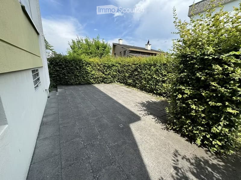 A paved outdoor area with a tiled pathway, surrounded by green bushes and trees, with a house visible in the background.