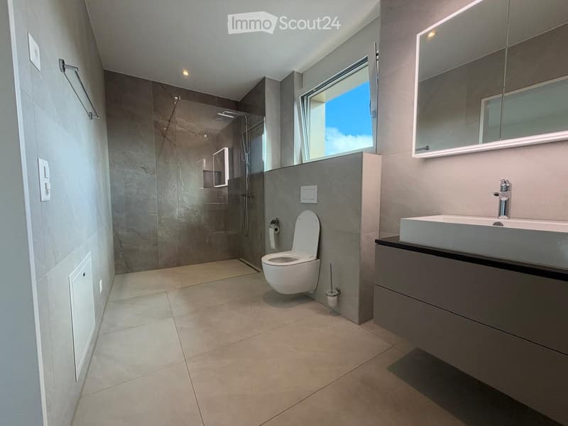 Modern bathroom with a toilet, sink, mirror, and glass-enclosed shower. Features grey tiles, a large window, and sleek cabinetry.