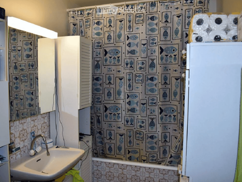 Bathroom with a sink, mirror, cabinet, and a shower curtain featuring fish designs.