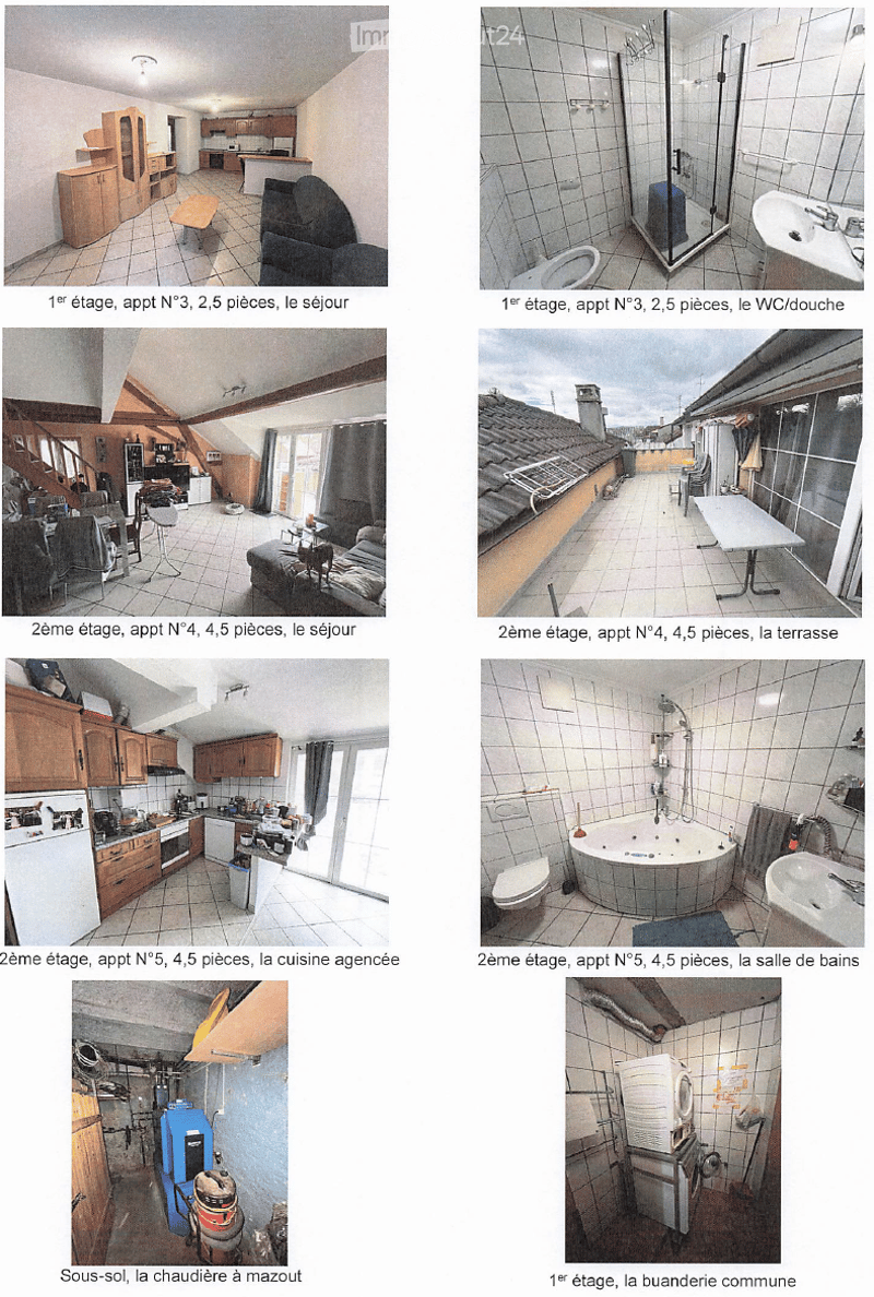 The images showcase various rooms and areas of a multi-story house, including a living room, bathroom, kitchen, terrace, and utility space.