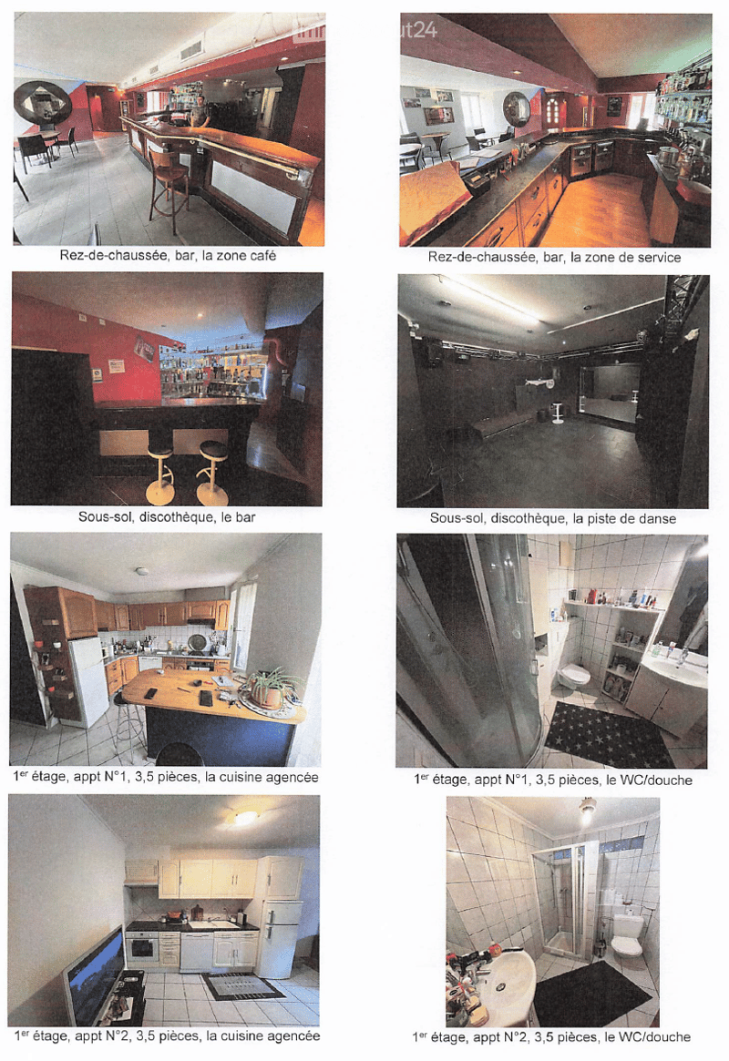 The images showcase various rooms within a multi-level building, including a bar area with a counter and stools, a dance floor, a kitchen with cabinets and appliances, and bathrooms with toilets, showers, and bathtubs.