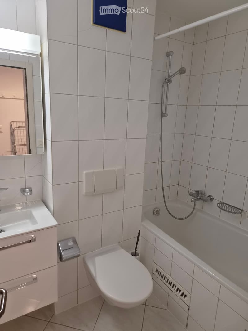 Modern bathroom with white tiles, a sink with a mirror, a toilet, a bathtub with a showerhead, and a towel rack.