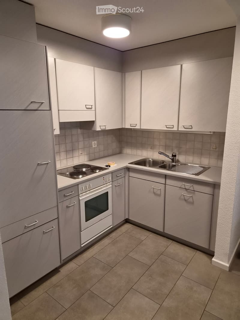 Modern kitchen with light grey cabinets, a white stove, an oven, and a sink with a faucet.