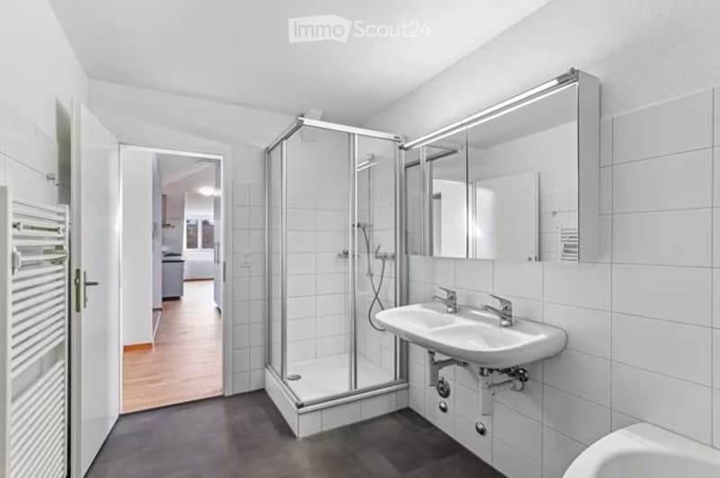 Modern bathroom with white tiles, a glass-enclosed shower stall, a white sink with a mirror, and a towel rack visible in the background.