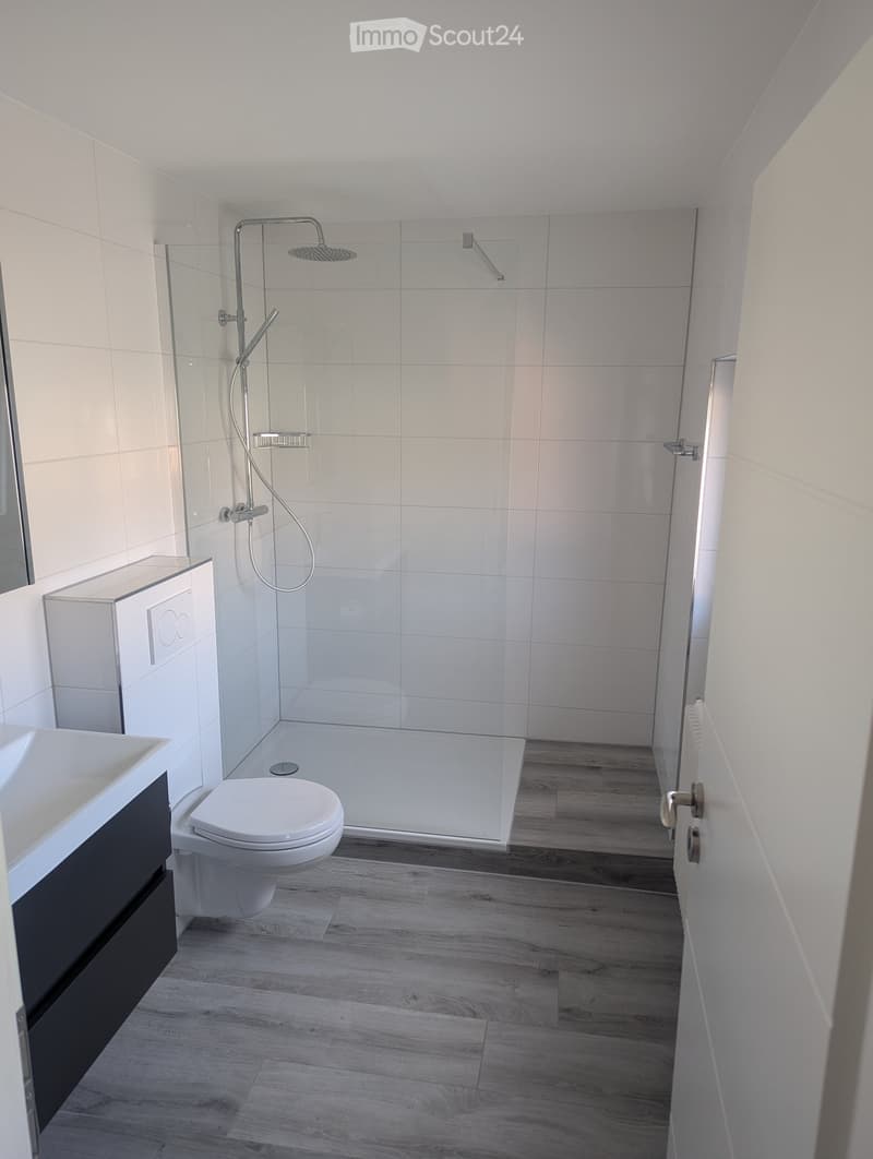 Modern bathroom with white tiles, wooden flooring, a toilet, a glass-enclosed shower, and a sink with a mirror.