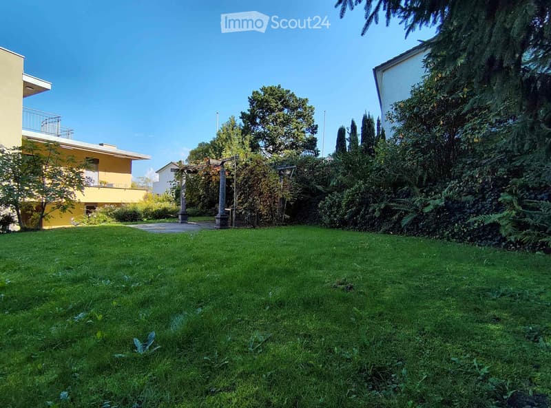 Well-maintained lawn with a modern yellow building in the background, surrounded by trees and shrubs.