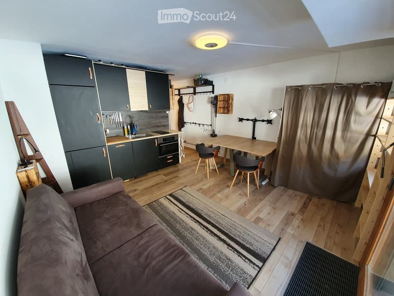 A modern, compact living space with a sofa, dining table, chairs, kitchen area with refrigerator, oven, sink, and cabinets, and a curtain separating the areas.