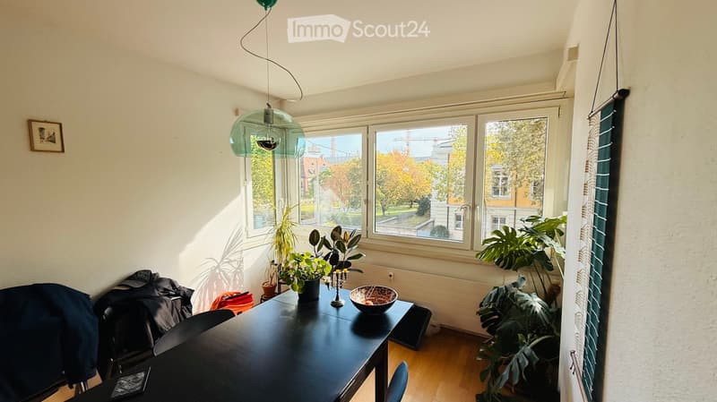 Bright room with wooden floor, large windows, table with chairs, bowl, candle holder, and plants.