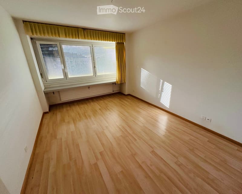 Empty room with wooden flooring, white walls, large window with blinds, and radiator below the window.