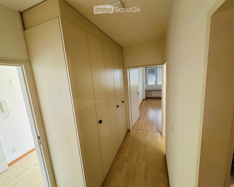 A narrow hallway with light wooden flooring and cream-colored walls, featuring a built-in closet on one side and an open doorway leading to another room.