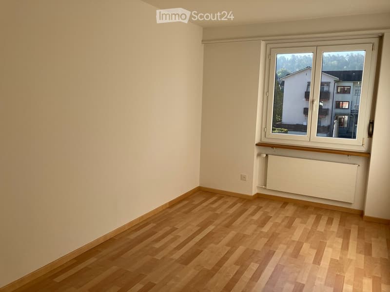 Empty room with light wooden flooring, white walls, and a large window with a radiator below it.