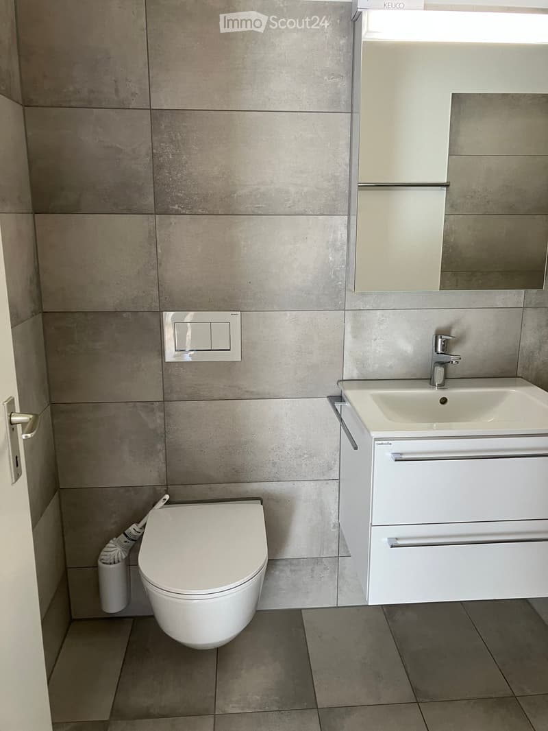 Modern bathroom with a white toilet, sink with a chrome faucet, and a mirrored cabinet above the sink. The walls are tiled in a neutral gray color, and the floor is tiled in a matching gray tone.
