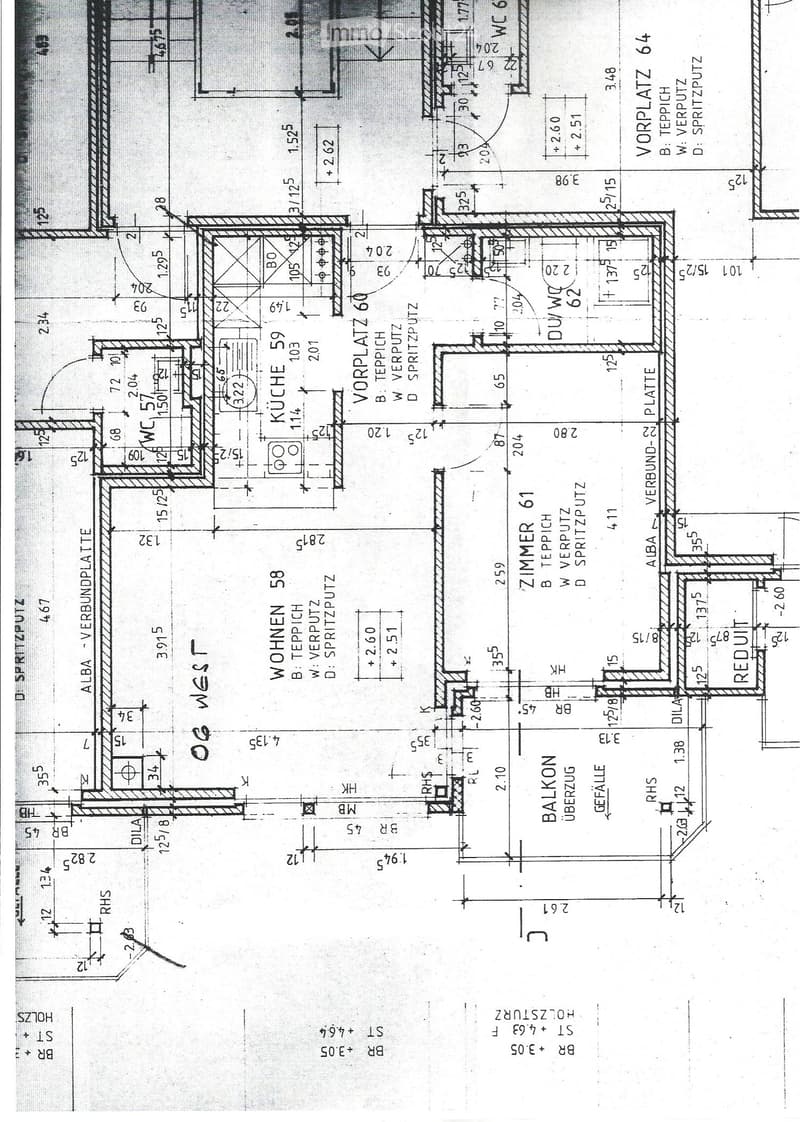 Floor plan showing a kitchen, living room, bedroom, and balcony. Includes labeled dimensions and room labels.