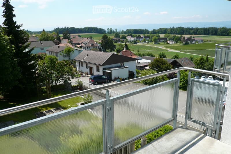 Balcony overlooking a suburban neighborhood with houses, green fields, and distant mountains.