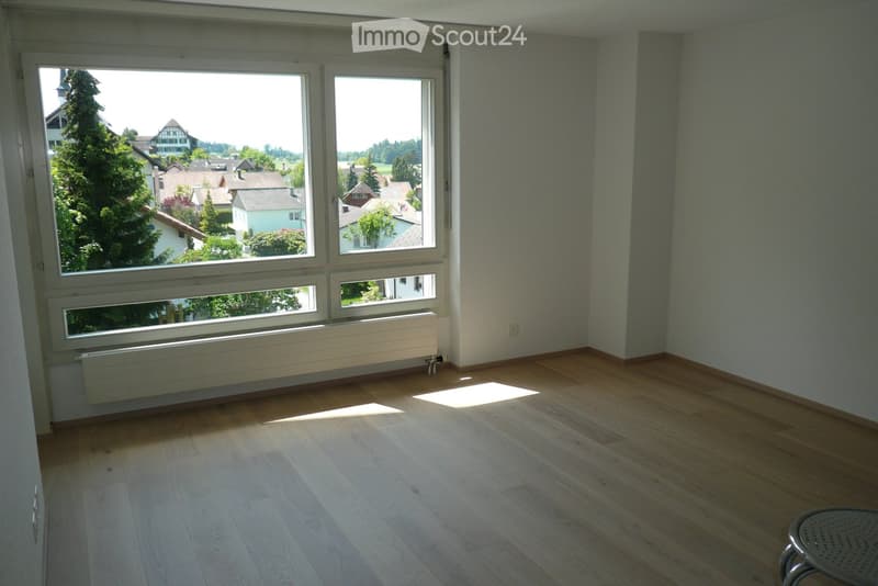 Empty room with wooden flooring, large windows offering a view of the neighborhood, and radiators along the wall.