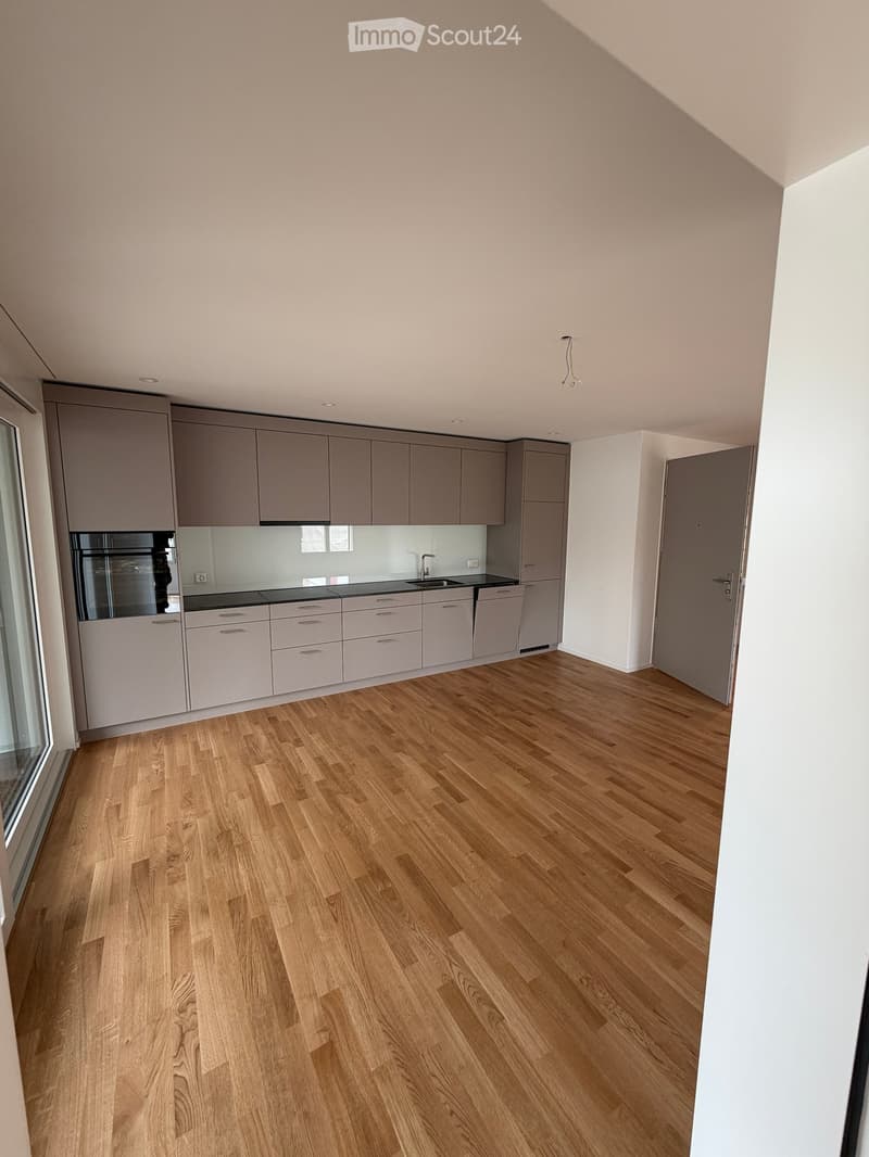 Empty kitchen with light grey cabinets, wooden flooring, and a large window. No appliances or furniture are present.