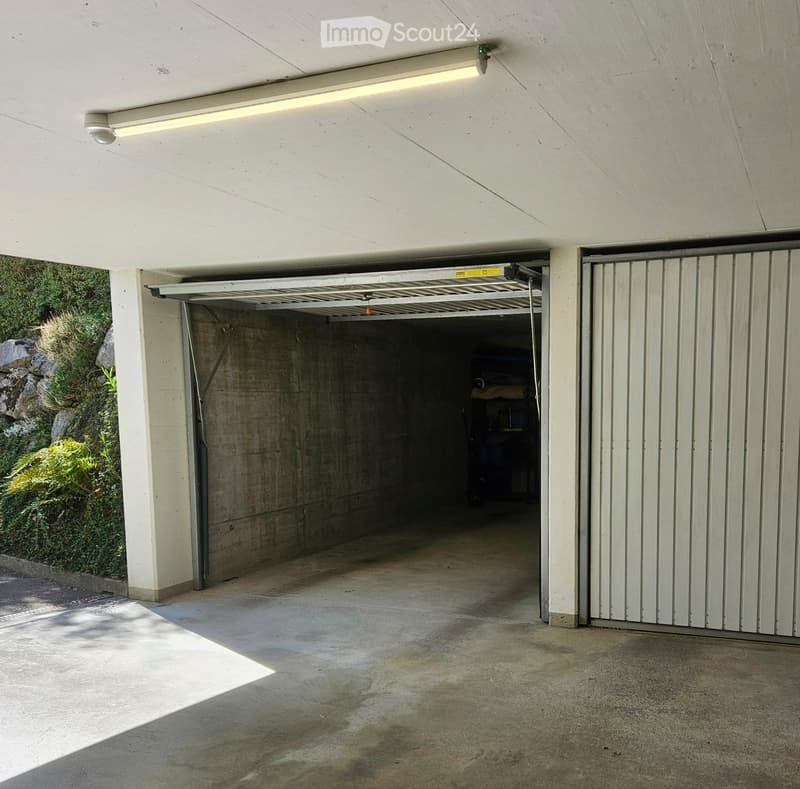 Underground garage with concrete walls, a metal shelving unit, and a partially open garage door.