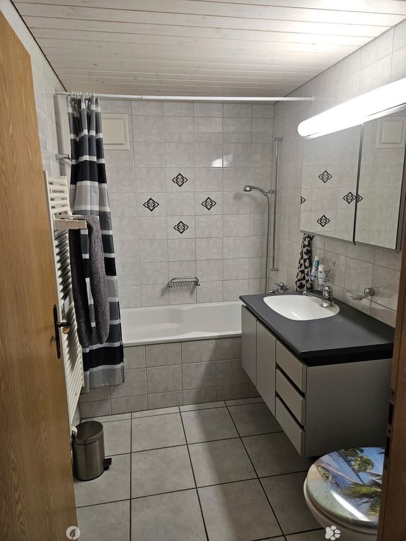 Bathroom with a bathtub, sink, toilet, mirror, and shower curtain. Features tiled walls and floor, a wooden door, and a towel hanging on a rack.