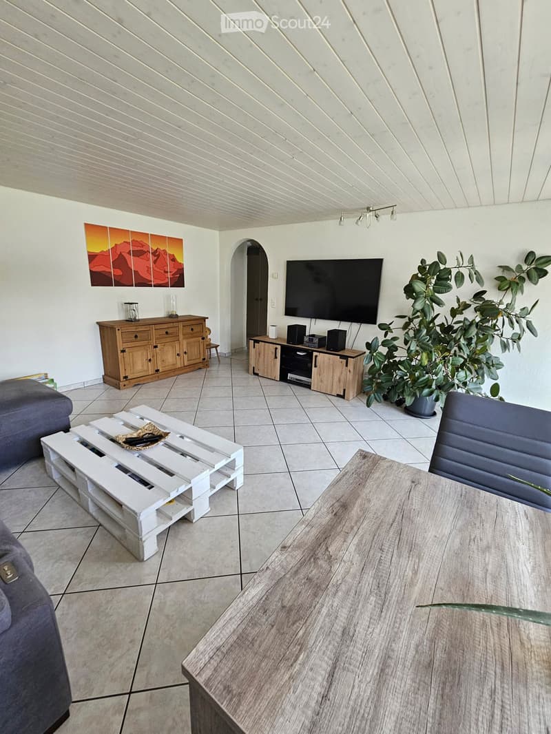 Modern living room with a grey sofa, white coffee table, flat-screen TV, wooden cabinet, and potted plant.