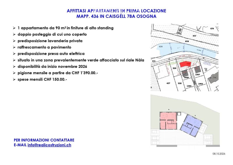 Floor plan of a 90 m² high-standing apartment with two parking spaces, one covered, private laundry, floor cooling, electric car charging, located in a green area on the Nála river, available from November 2026.