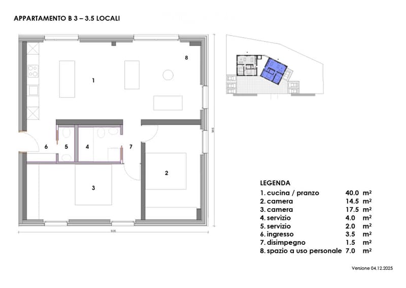 Floor plan of a 3.5-room apartment with kitchen, living room, two bedrooms, two bathrooms, entrance, hallway, and personal space.