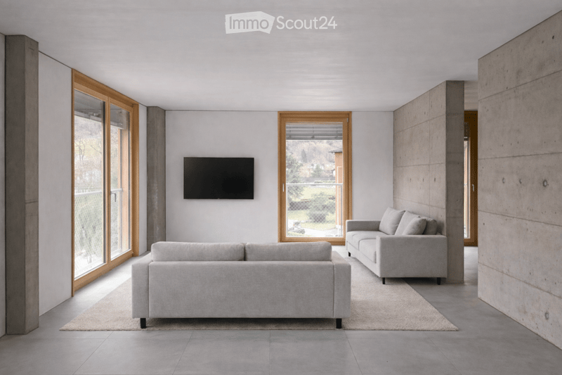 white walls, glass doors, large sofa, TV, carpet, grey tiled floor