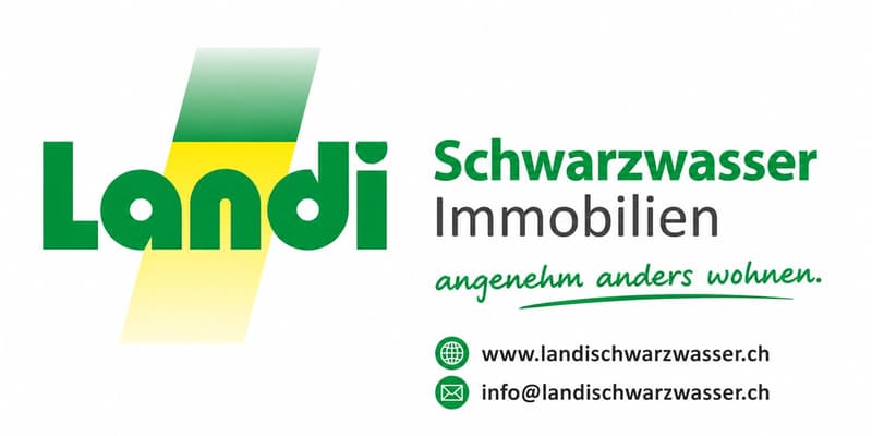 Logo and contact information for Schwarzwasser Immobilien, featuring a stylized green and yellow design with the text "Schwarzwasser Immobilien" and the tagline "angenehm anders wohnen." Contact details include a website and email address.
