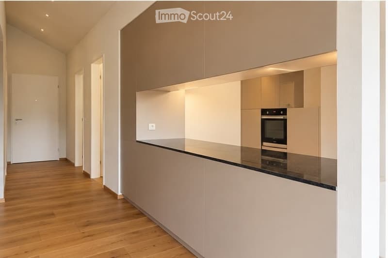 Modern, minimalist kitchen area with light-colored cabinets, a sleek black countertop, and a built-in oven. The space features wooden flooring and recessed lighting, with an open layout connecting to a hallway.