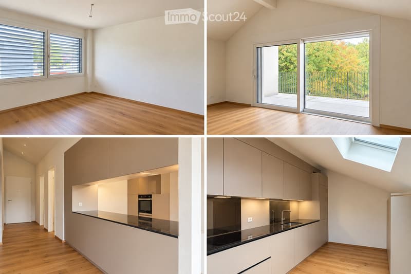 Modern, minimalist kitchen with light-colored cabinets, a black countertop, and integrated appliances including an oven and sink. The space features wooden flooring and ample natural light from large windows and a skylight.