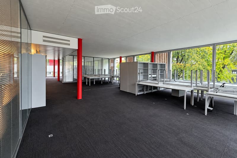Modern office space with dark carpeting, white tables, chairs, and grey cabinets with shelves. Large windows provide natural light, and red structural columns are visible.
