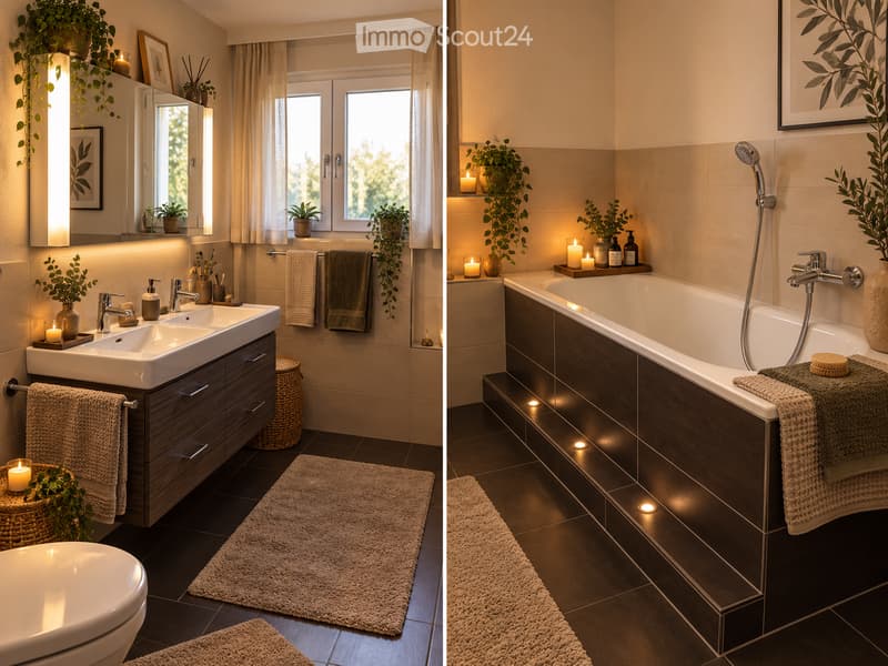 Modern bathroom with double sink, bathtub, toilet, and large windows. Features include a vanity with a mirror, candles, plants, and towels.