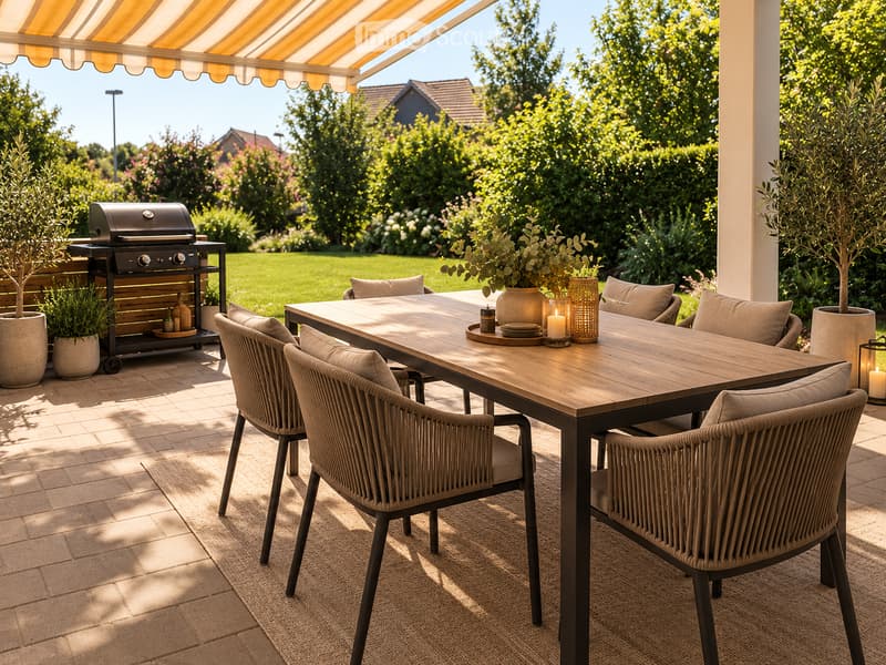A well-maintained outdoor patio with a wooden dining table, six wicker chairs, a grill, potted plants, and a candle on the table. The area is shaded by a striped awning and features a lush green garden in the background.