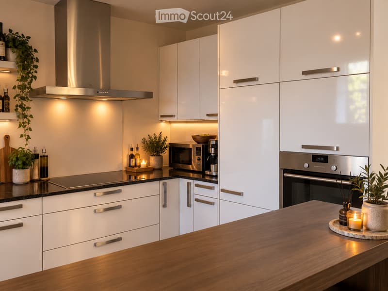 Modern kitchen with white cabinets, stainless steel appliances, wooden island, and decorative items including candles and potted plants.