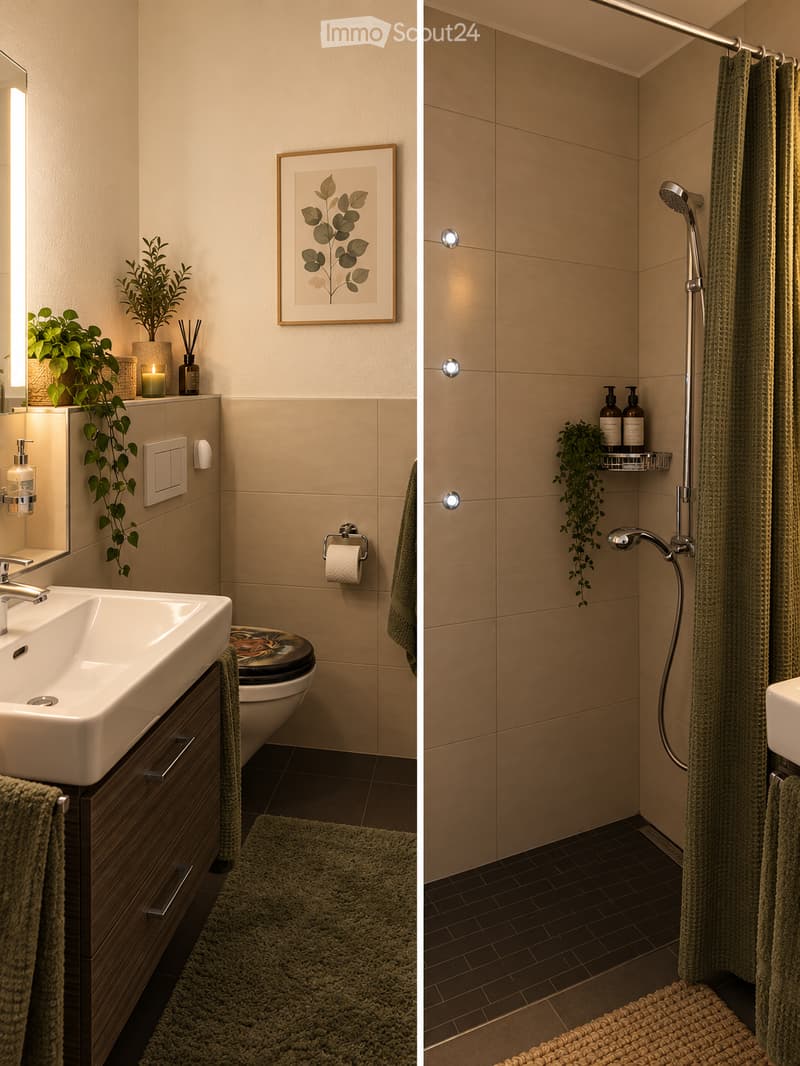 Modern bathroom with a sink, toilet, mirror, and shower area. Features include a framed picture, plants, a candle, and a towel on the floor.