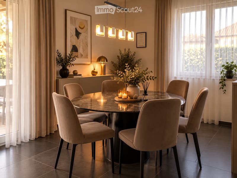 Elegant dining room with a round marble table surrounded by six upholstered chairs, a central vase with candles, and a modern pendant light. The room features large windows with sheer curtains, a sideboard with decorative items, and potted plants.