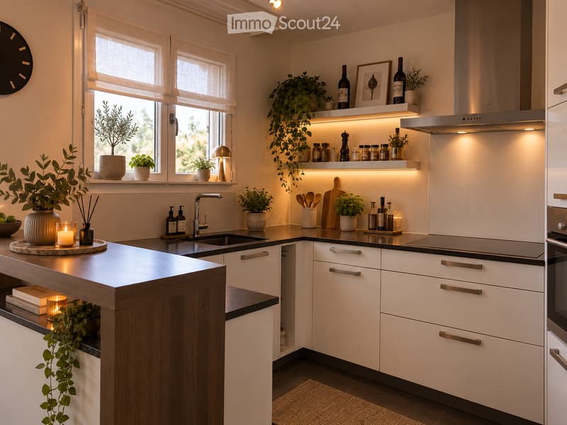 Modern kitchen with white cabinets, dark countertops, a central island, and various decorative items including potted plants, wine bottles, and candles.