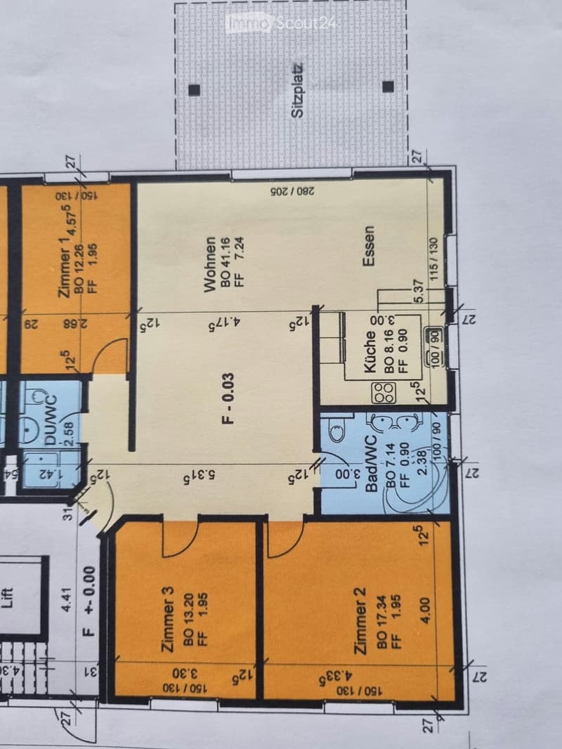 Floor plan of a 3-bedroom apartment with a living room, kitchen, dining area, and two bathrooms.