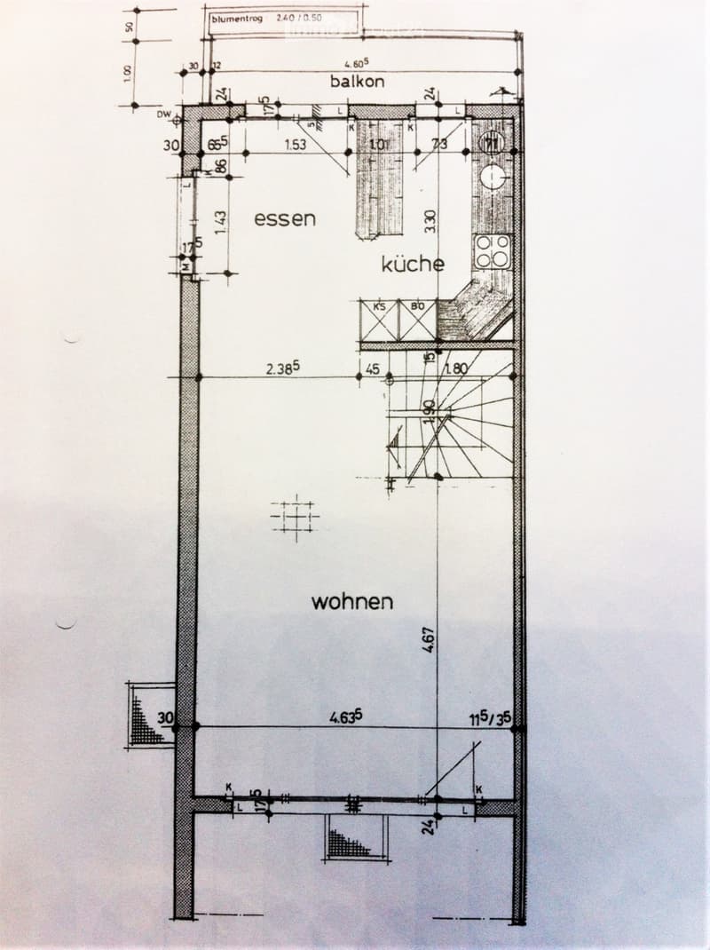 Floor plan showing a living area, dining area, kitchen, and balcony. Dimensions and labels are provided for each space.