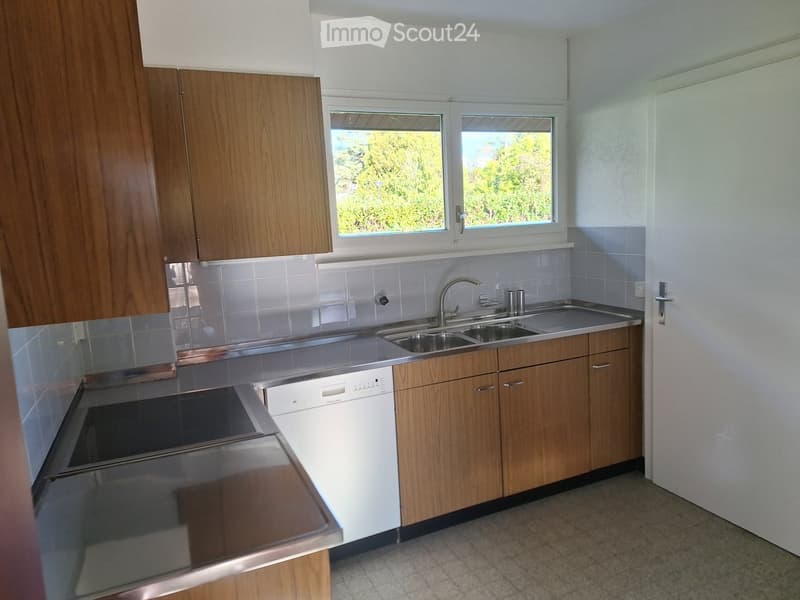 Modern kitchen with wooden cabinets, stainless steel sink, dishwasher, and oven. Large windows provide natural light.