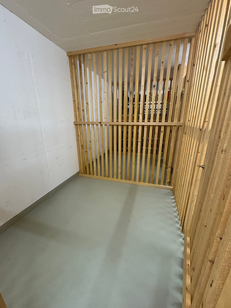 A narrow hallway with a wooden railing and a green carpeted floor, leading to another room.