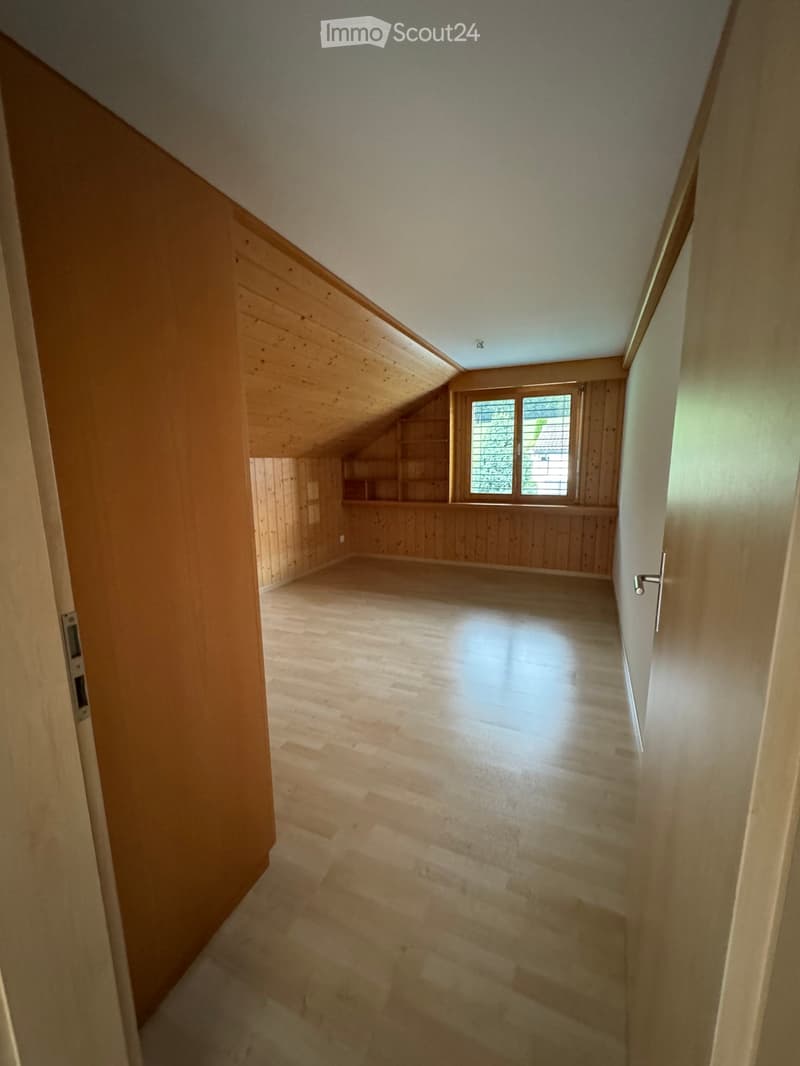 Empty attic space with wooden walls, floor, and a skylight window, featuring built-in wooden shelving units.