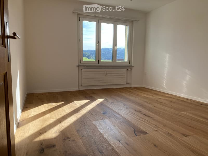 Empty room with light wooden flooring, white walls, large window with view, radiator below window, and a door on the left side.