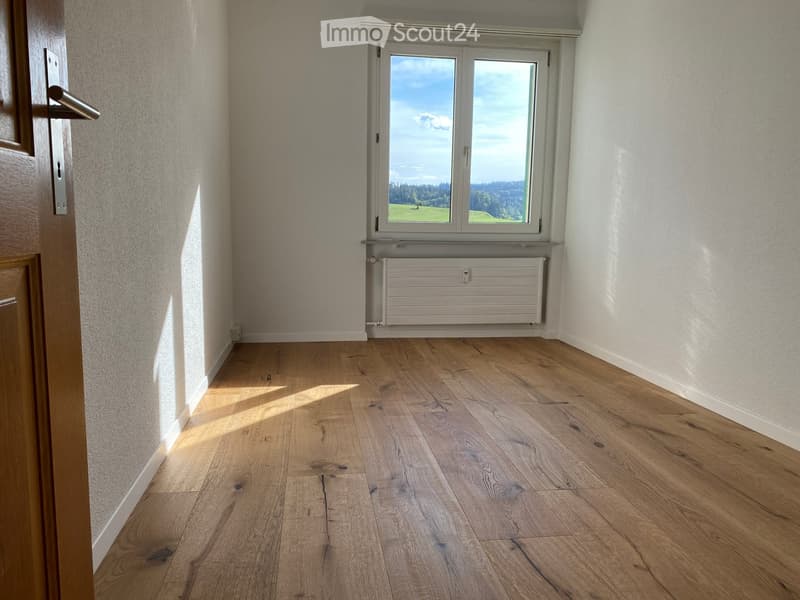 Empty room with wooden flooring, white walls, a window with a scenic view, and a radiator below the window.