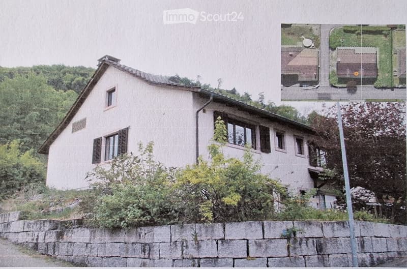 A two-story house with a sloped roof, multiple windows, and a stone retaining wall in front. The house is surrounded by greenery and trees.