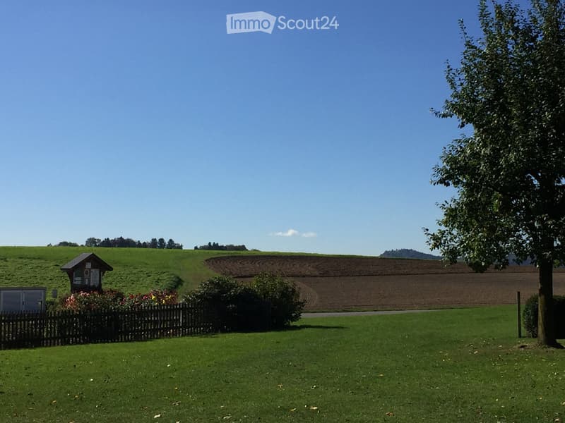 A well-maintained garden area with a wooden fence, small shed, and lush green grass, surrounded by trees and open fields under a clear blue sky.